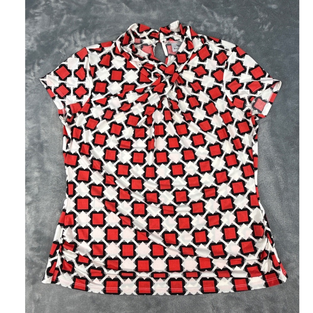 Worthington Stretch Red Black Geometric Square Print Mock Neck Knot Blouse Top L